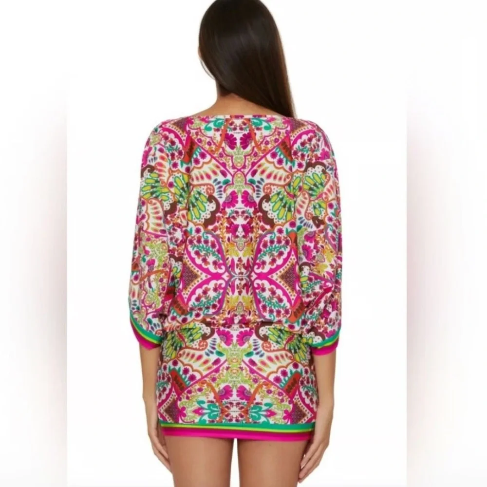 Trina Turk NWT Pink & Green Hawaiian Garden Boatneck Tunic Swim Cover Mini Dress - Picture 11 of 16